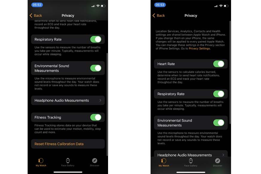 Man sieht die Einstellungen zum Datenschutz in der Apple Watch App.